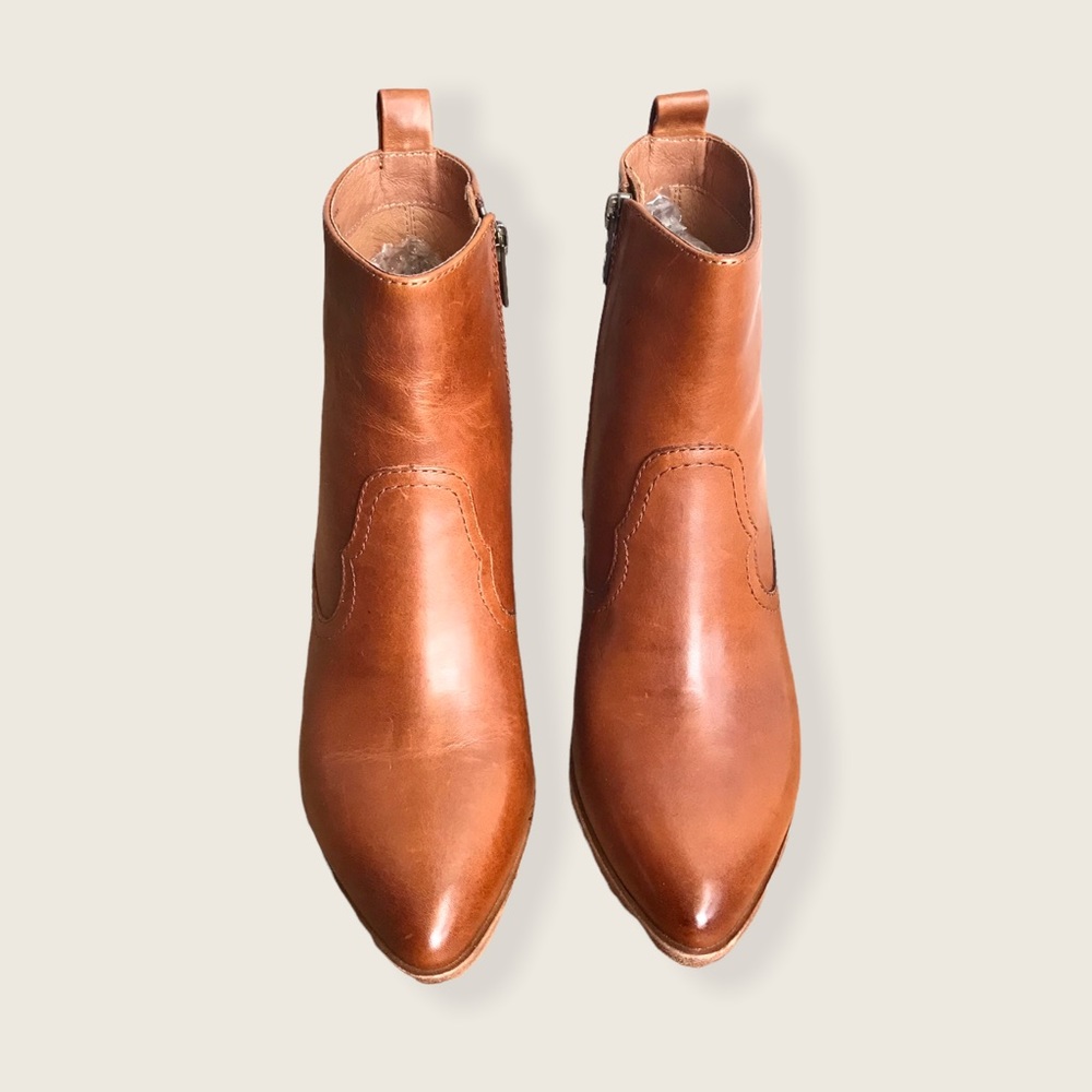 Frye Amado Wedge Cognac Leather Pointy Toe Cowboy Pull On Wood Heeled Ankle Boot - Picture 11 of 16